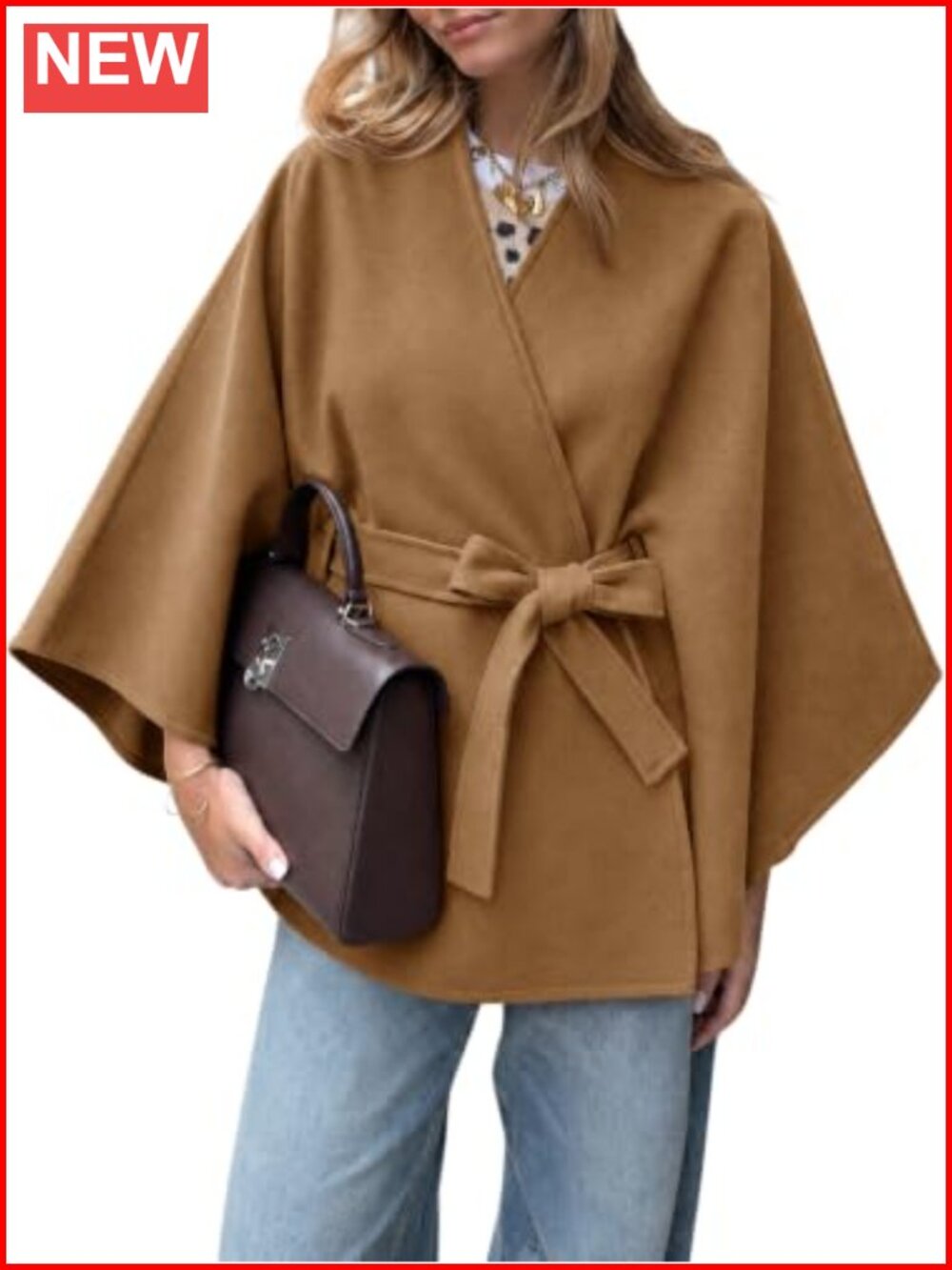 Women's Batwing Sleeve Poncho Pea Coat Oversized Belted Wrap Winter